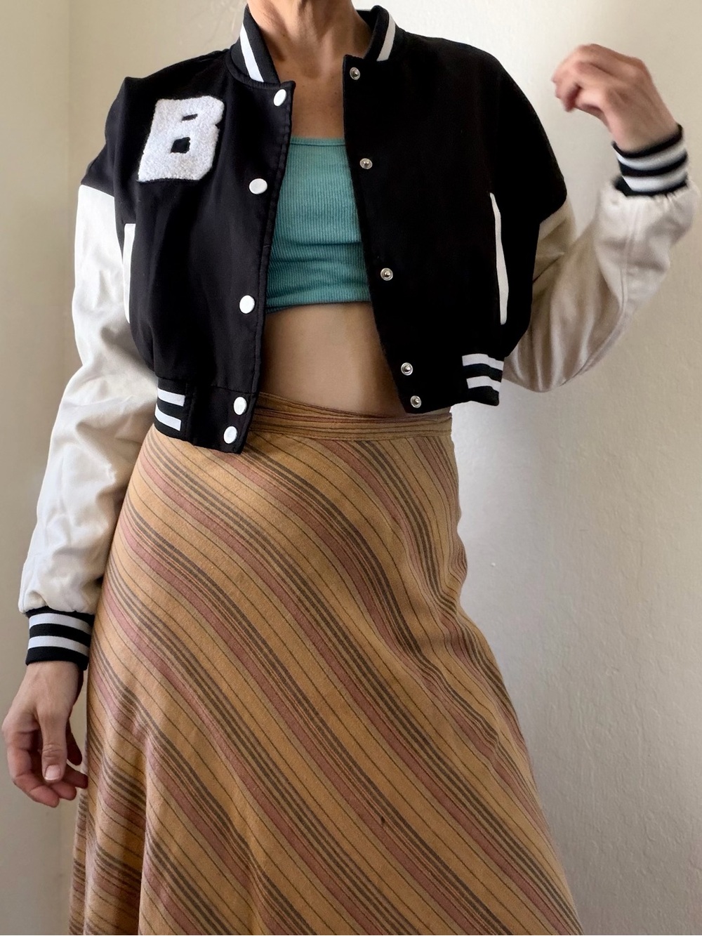 Daisy Black and White Cropped Varsity Jacket with 'B' Patch